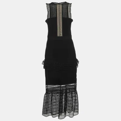 Pre-owned Self-portrait Black Guipure Lace Tiered Midi Dress S