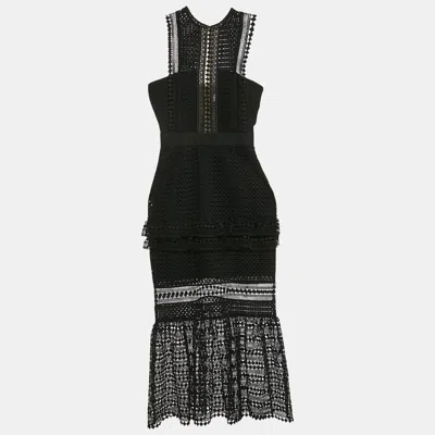 Pre-owned Self-portrait Black Guipure Lace Tiered Midi Dress Xs