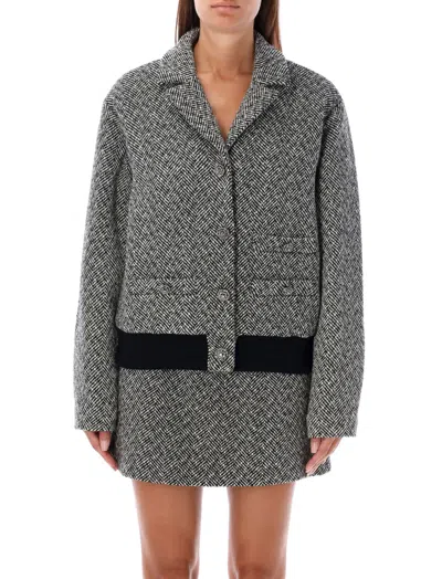 Self-portrait Black Herringbone Pattern Bomber Jacket