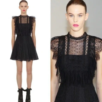 Pre-owned Self-portrait Black Lace Panel Flare Mini Dress Size Us6