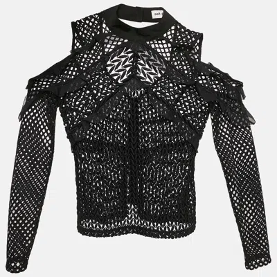 Pre-owned Self-portrait Black Lace Ruffled Cold-shoulder Top M