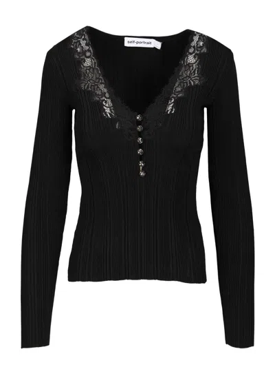 SELF-PORTRAIT BLACK LACE TRIM KNIT TOP TOPS BLACK