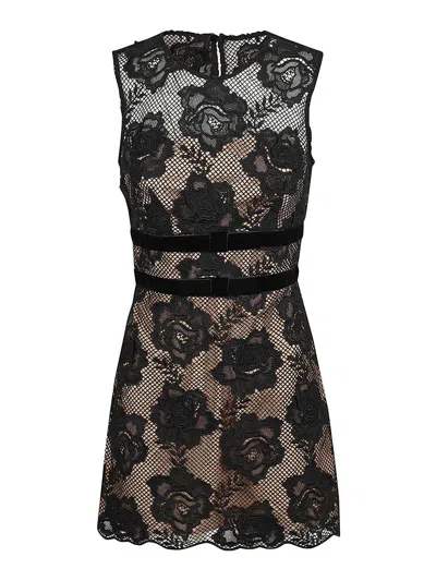 Self-portrait Black Crewneck Mini Dress With Lace Embellishments And Semi Sheer Design