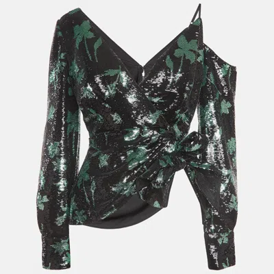 Pre-owned Self-portrait Black Leaf Sequined Asymmetrical Top M