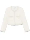Self-portrait White Crewneck Jacket With Sequin And Faux-pearls Embellishments In Tech Fabric Woman In White