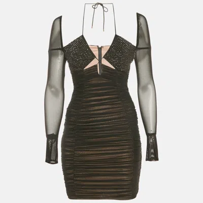 Pre-owned Self-portrait Black Mesh Embellished Detail Ruched Mini Dress S