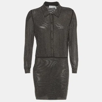 Pre-owned Self-portrait Black Mesh Rhinestone Mini Shirt Dress M