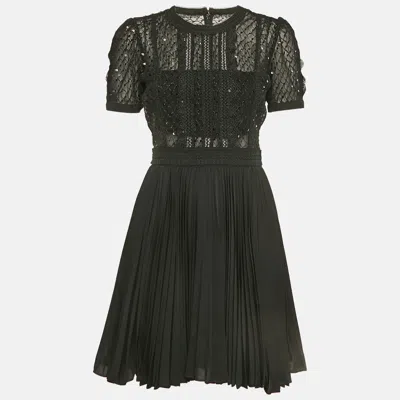 Pre-owned Self-portrait Black Mesh Sequin Embellished Puff Sleeve Mini Dress S