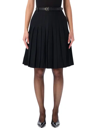 Self-portrait Black Pleated Twill Midi Skirt With Belt