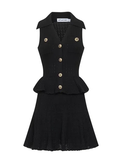 SELF-PORTRAIT BLACK POINTELLE KNIT SLEEVELESS MINI DRESS
