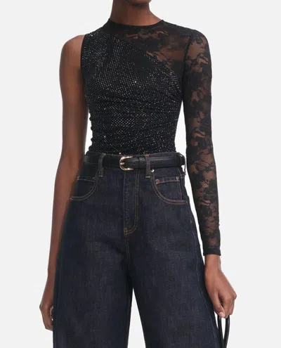 SELF-PORTRAIT BLACK RHINESTONE LACE SLEEVE TOP