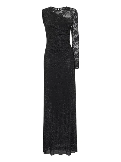SELF-PORTRAIT SELF-PORTRAIT BLACK RHINESTONE MESH AND LACE MAXI DRESS