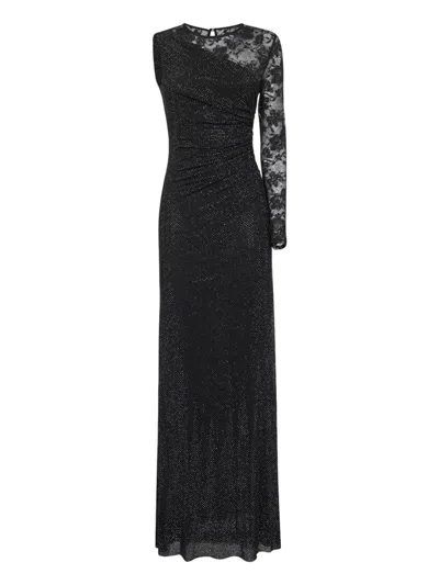 Self-portrait Black Rhinestone Mesh And Lace Maxi Dress