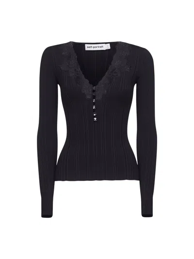 Self-portrait Black Ribbed Knit Lace Trim Top