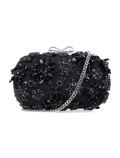 Self-portrait Black Satin Floral Crystal Clutch