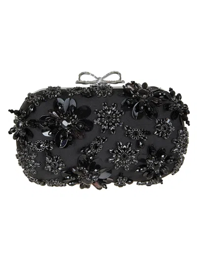 Self-portrait Black Satin Floral Crystal Clutch Bag