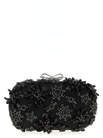 Self-portrait Black Satin Floral Crystal Clutch Black
