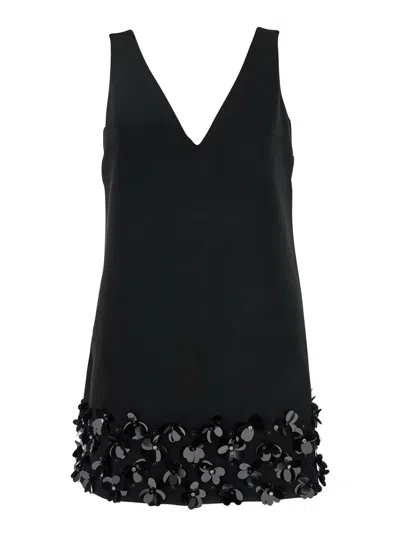 Self-portrait Black Sequin Mini Dress With V Neck In Tech Fabric Woman