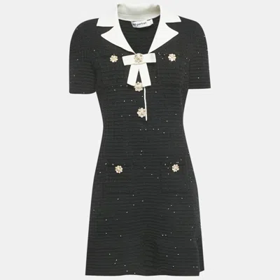 Pre-owned Self-portrait Black Sequin Tweed Knit Bow Mini Dress M
