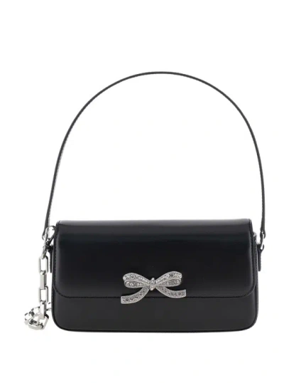 Self-portrait Black Shoulder Bag With Crystal Bow Detail In Smooth Leather