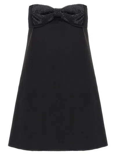Self-portrait Black Sleeveless Mini Dress With Bandeau And Beaded Oversize Bow In Tech Fabric Woman