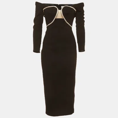 Pre-owned Self-portrait Black Stretch Crepe Crystal Off-shoulder Midi Dress Xs
