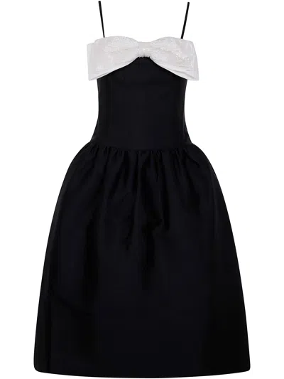 SELF-PORTRAIT SELF-PORTRAIT BLACK TAFFETA CONTRAST BOW MIDI DRESS