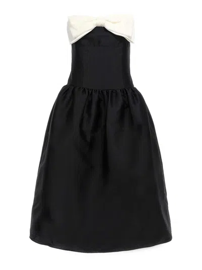 SELF-PORTRAIT BLACK TAFFETA CONTRAST BOW MIDI DRESS