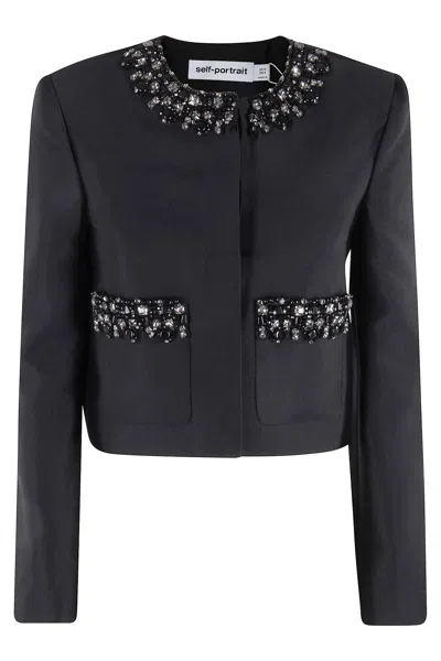 SELF-PORTRAIT BLACK TAFFETA EMBELLISHED TRIM JACKET