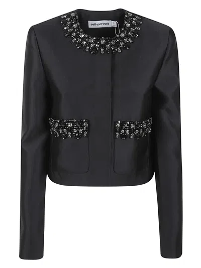 SELF-PORTRAIT BLACK TAFFETA EMBELLISHED TRIM MINI DRESS