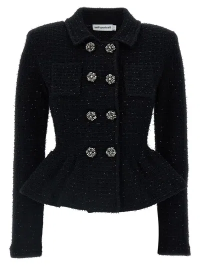 Self-portrait Textured Knit Jacket In Black