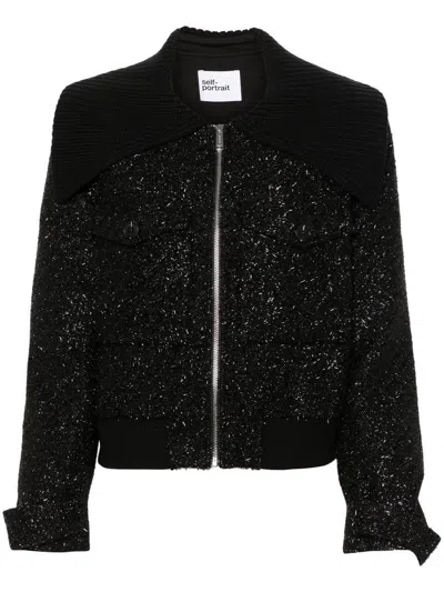 SELF-PORTRAIT SELF-PORTRAIT BLACK TINSEL BOUCLE BOMBER JACKET