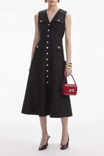 SELF-PORTRAIT BLACK TINSEL BOUCLE BUTTONED MIDI DRESS