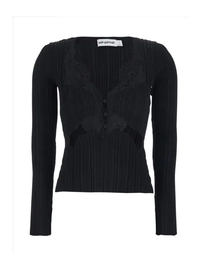 Self-portrait Black Top With Deep-neckline On The Front And Ribbed Design In Viscose Blend Woman
