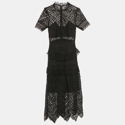Pre-owned Self-portrait Black Triangle Lace Tiered Midi Dress S