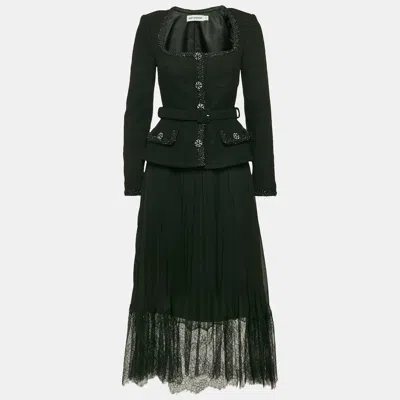 Pre-owned Self-portrait Black Tweed And Chiffon Pleated Tailored Bodice Midi Dress M