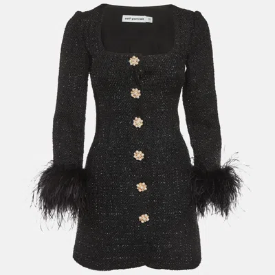 Pre-owned Self-portrait Black Tweed Feather Trim Boucle Mini Dress Xs