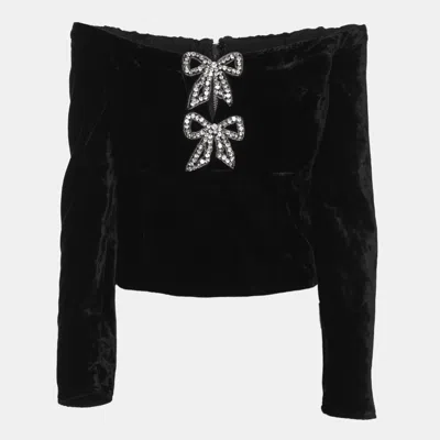 Pre-owned Self-portrait Black Velvet Crystal Embellished Bow Bardot Tops M