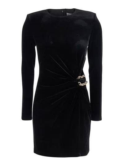 SELF-PORTRAIT BLACK CREWNECK MINI DRESS WITH TWISTED DETAIL AND CHAIN EMBELLISHMENT IN VELVET WOMAN