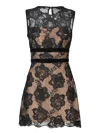 Self-portrait Black Crewneck Mini Dress With Lace Embellishments And Semi Sheer Design In Black