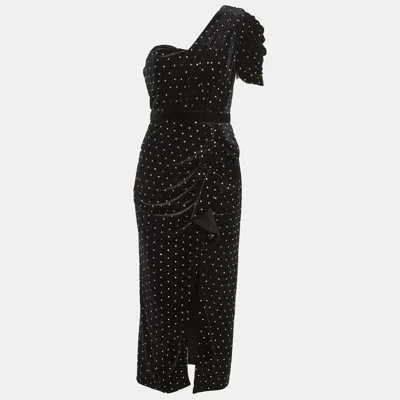 Self-portrait Black Velvet Crystal Embellished One Shoulder Midi Dress