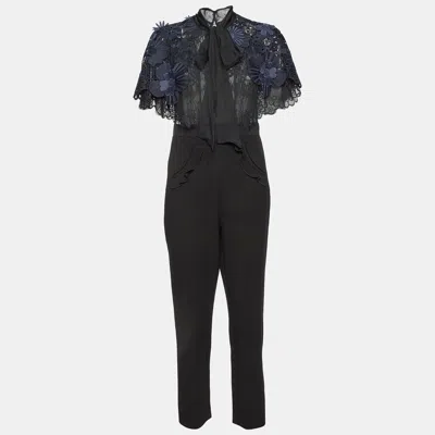 Pre-owned Self-portrait Black/blue Cady & Lace Ruffled Tie-neck Jumpsuit M
