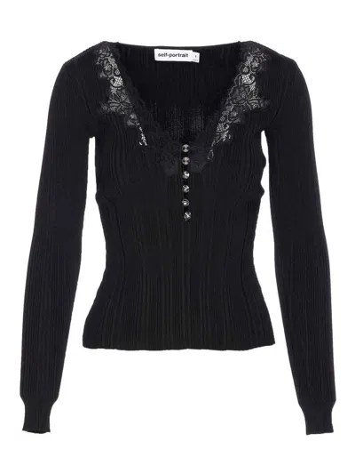 SELF-PORTRAIT BLACKLACE TRIM KNIT TOP