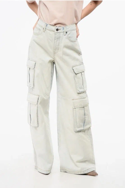 Self-portrait Bleached Effect Cargo Jeans With Visible Stitching