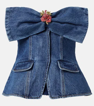 Self-portrait Embellished Strapless Denim Top In Blue