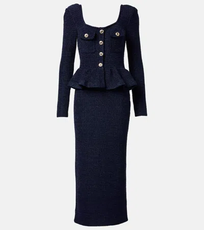 Self-portrait Peplum Knitted Midi Dress In Blue