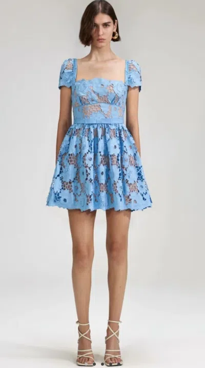 Pre-owned Self-portrait Self Portrait Blue 3 D Cotton Lace Mini Dress Us 0,2,4,6,8,10