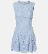 Self-portrait Bue Crewneck Mini Dress With Rhinestoned Collar And All-over Floral Lace Embroidery In Tech Fabric W In Blue