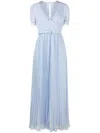 Self-portrait Belted Pleated Guipure Lace-trimmed Chiffon Maxi Dress In Blue