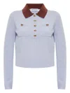 Self-portrait Light Blue Knit Contrasting Collar Polo Shirt In Blue